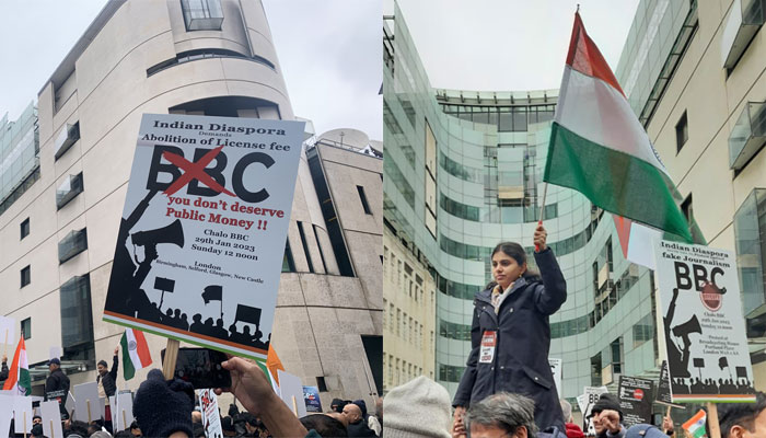 Indian diaspora in UK protests outside BBC headquarters over the Gujarat Riots documentary, says it endangers the Hindu community