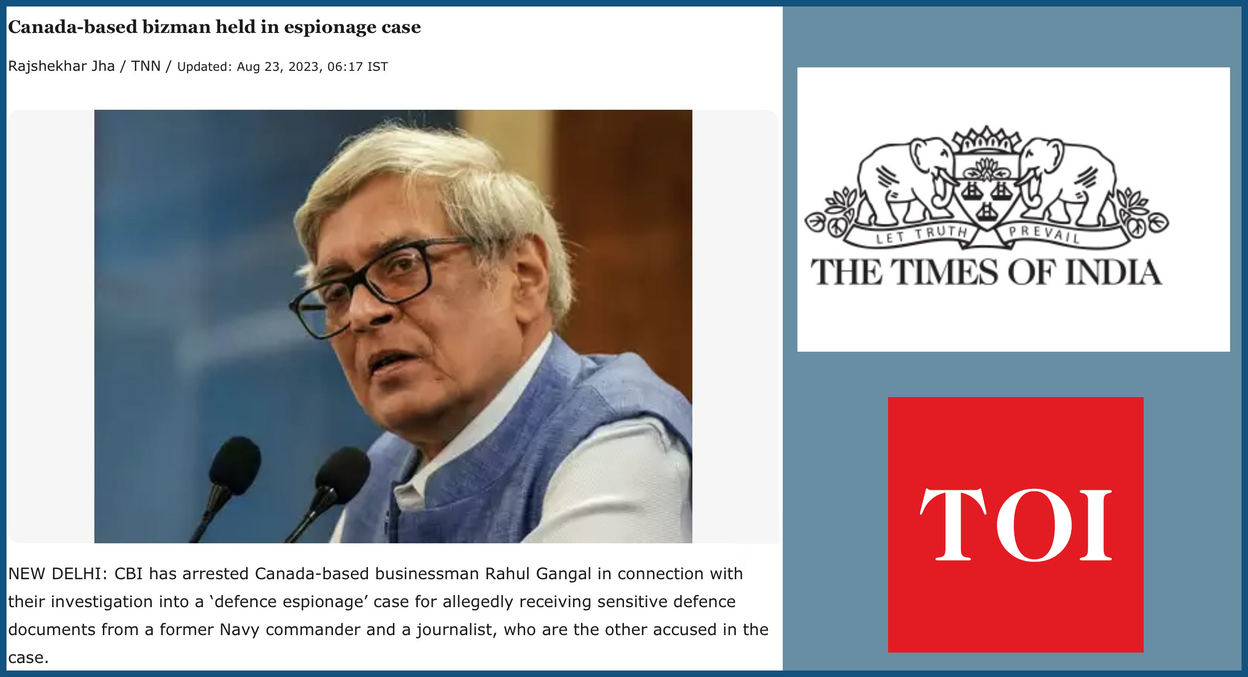 Times of India uses Bibek Debroy’s photo in report on arrest of a man, says sorry