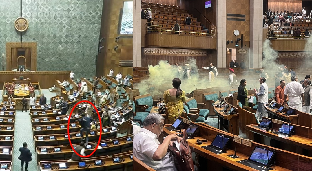 Two men jump into Lok Sabha from visitors' gallery and spray yellow gas, detained