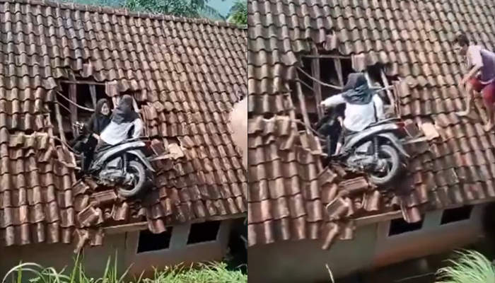 Female driver looses control of the scooter, plunges it into a roof