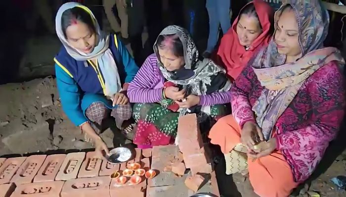 Women perform Navgrah Puja at new police post site in front of Jama Masjid in Sambhal, Uttar Pradesh